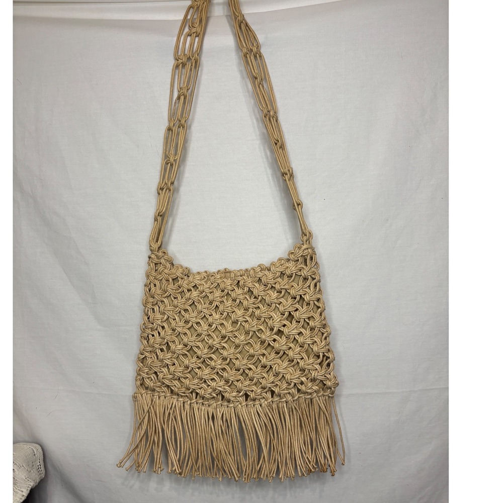 Vintage Boho Macrame Fringe Shoulder Bag Beige Woven Rope Festival Crossbody